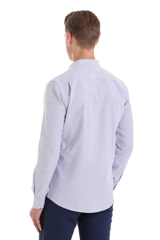 Navy Comfort Fit Striped Cotton Slim Collar Long Sleeve Casual Shirt-Navy C. - 6