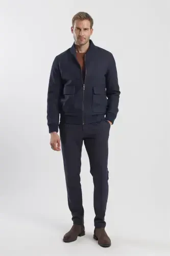 Navy Comfort Fit Varsity Collar Striped Jacket - MODAZONE (1)