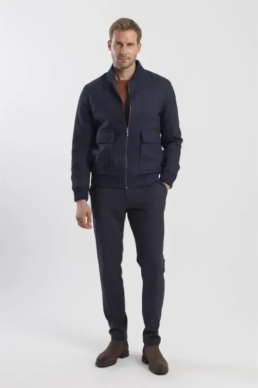 Navy Comfort Fit Varsity Collar Striped Jacket - 2