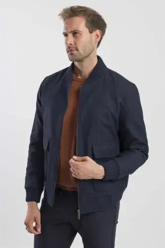 Navy Comfort Fit Varsity Collar Striped Jacket - 3