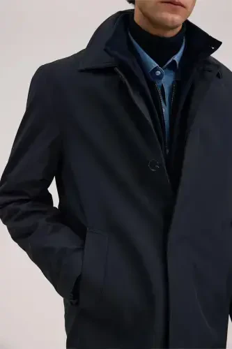 Navy Comfort Fit Wing Collar Concealed Button-Down Jacket - 3