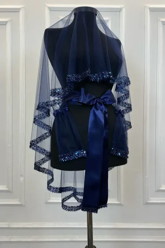 Navy Elegant Bridal Veil Set, Rhinestone Henna Veil Set 6 Pieces-Navy - ZEYMERADE