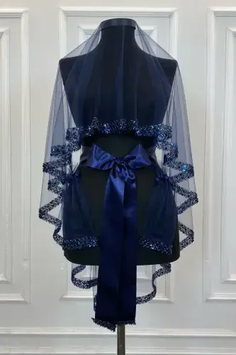 Navy Elegant Bridal Veil Set, Rhinestone Henna Veil Set 6 Pieces-Navy - ZEYMERADE (1)