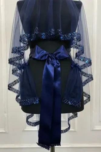 Navy Elegant Bridal Veil Set, Rhinestone Henna Veil Set 6 Pieces-Navy - 3