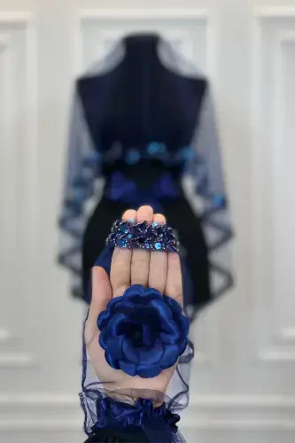 Navy Elegant Bridal Veil Set, Rhinestone Henna Veil Set 6 Pieces-Navy - 4