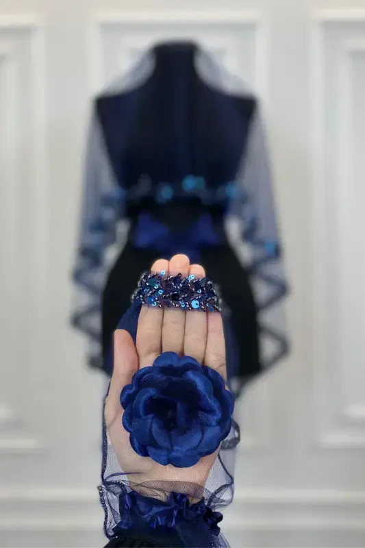 Navy Elegant Bridal Veil Set, Rhinestone Henna Veil Set 6 Pieces-Navy - 4