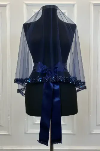 Navy Elegant Bridal Veil Set, Rhinestone Henna Veil Set 6 Pieces-Navy - 6