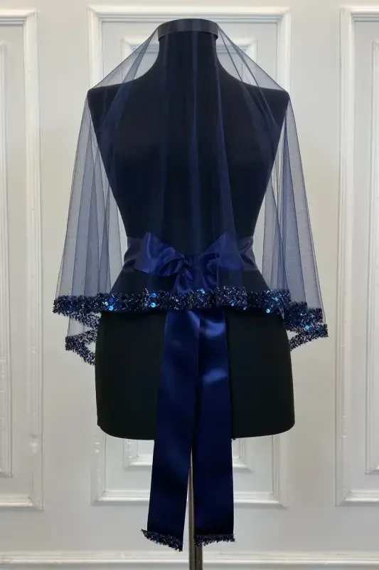 Navy Elegant Bridal Veil Set, Rhinestone Henna Veil Set 6 Pieces-Navy - 6