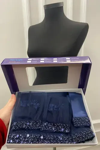 Navy Elegant Bridal Veil Set, Rhinestone Henna Veil Set 6 Pieces-Navy - 7