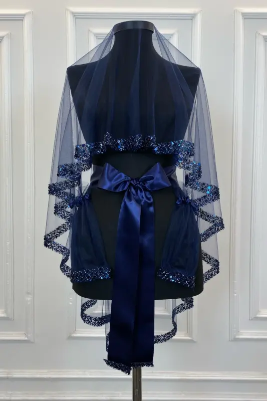 Navy Elegant Bridal Veil Set, Rhinestone Henna Veil Set 6 Pieces-Navy - 3