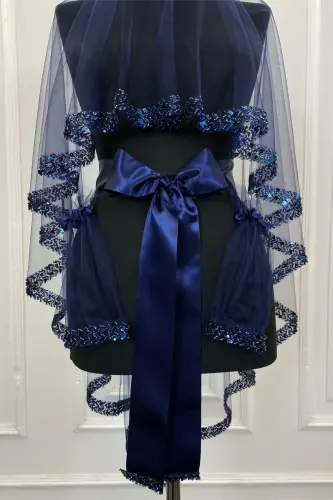 Navy Elegant Bridal Veil Set, Rhinestone Henna Veil Set 6 Pieces-Navy - 4