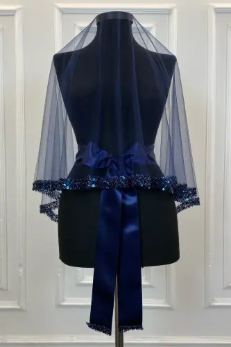 Navy Elegant Bridal Veil Set, Rhinestone Henna Veil Set 6 Pieces-Navy - 7