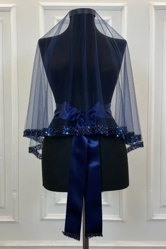 Navy Elegant Bridal Veil Set, Rhinestone Henna Veil Set 6 Pieces-Navy - 7