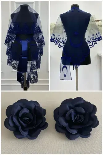 Navy Henna Veil, Bridal Veil Set Groom Shoulder Cover Shawl Hand Rose 8 Piece Set-Navy - 1