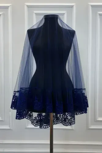 Navy Henna Veil, Bridal Veil Set Groom Shoulder Cover Shawl Hand Rose 8 Piece Set-Navy - ZEYMERADE (1)