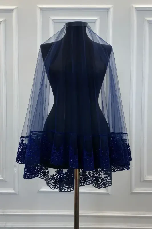 Navy Henna Veil, Bridal Veil Set Groom Shoulder Cover Shawl Hand Rose 8 Piece Set-Navy - 2