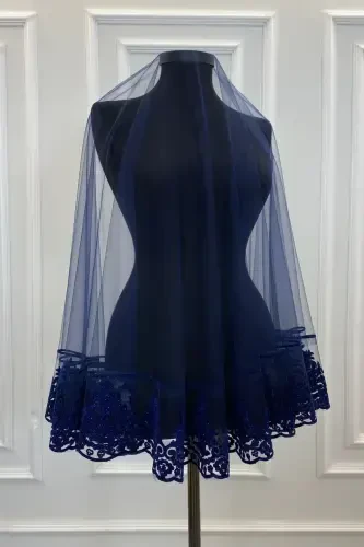 Navy Henna Veil, Bridal Veil Set Groom Shoulder Cover Shawl Hand Rose 8 Piece Set-Navy - 5