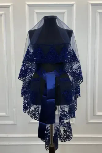 Navy Henna Veil, Bridal Veil Set Groom Shoulder Cover Shawl Hand Rose 8 Piece Set-Navy - 7