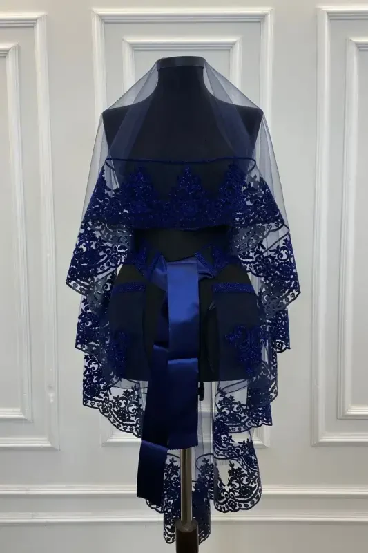 Navy Henna Veil, Bridal Veil Set Groom Shoulder Cover Shawl Hand Rose 8 Piece Set-Navy - 7