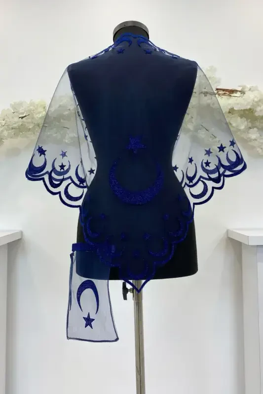 Navy Henna Veil, Bridal Veil Set Groom Shoulder Cover Shawl Hand Rose 8 Piece Set-Navy - 8