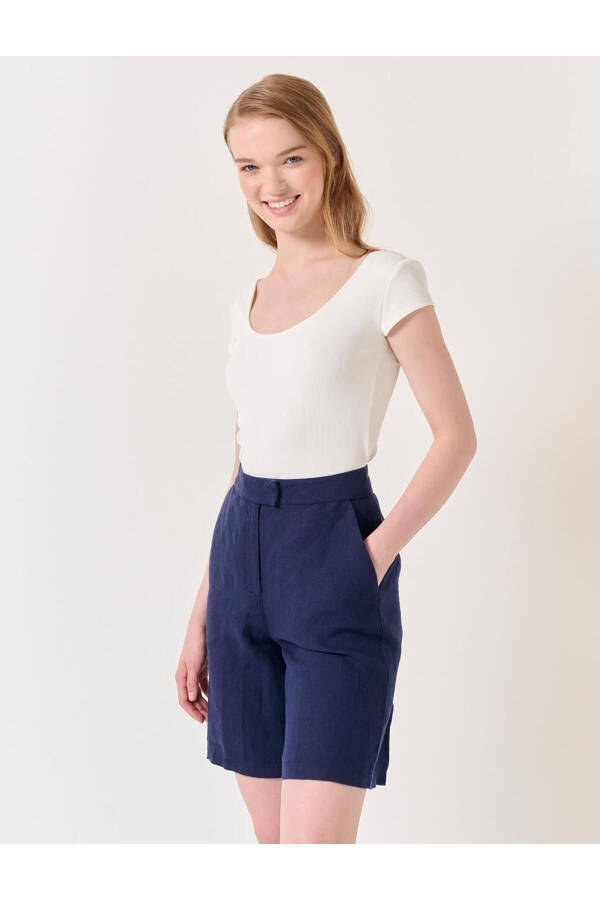 Navy High Waist Linen Shorts - 21