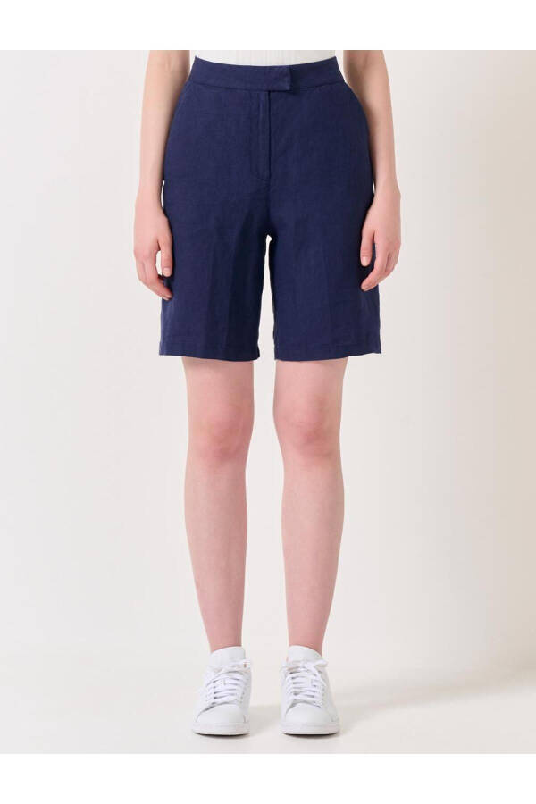 Navy High Waist Linen Shorts - 23