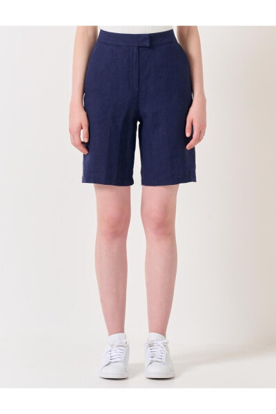 Navy High Waist Linen Shorts - 11