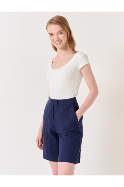 Navy High Waist Linen Shorts - 3