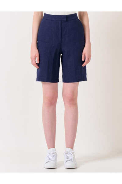 Navy High Waist Linen Shorts - 5