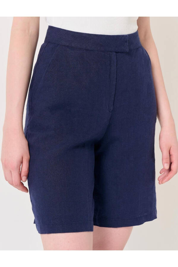 Navy High Waist Linen Shorts - 26