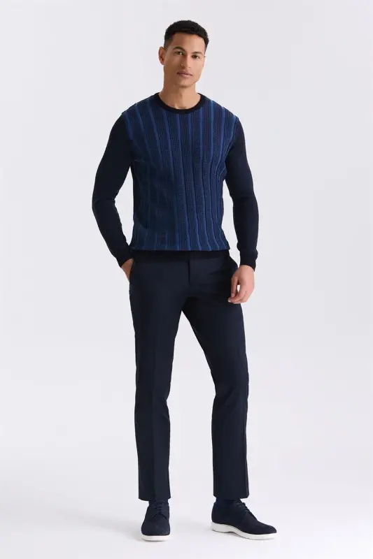 Navy / Indigo Slim Fit Crewneck Striped Knit Sweater - 2