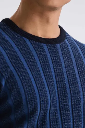 Navy / Indigo Slim Fit Crewneck Striped Knit Sweater - 3
