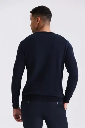 Navy / Indigo Slim Fit Crewneck Striped Knit Sweater - 4