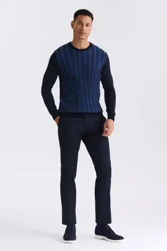 Navy / Indigo Slim Fit Crewneck Striped Knit Sweater - Modazone (1)