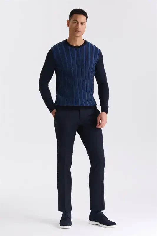 Navy / Indigo Slim Fit Crewneck Striped Knit Sweater - 2
