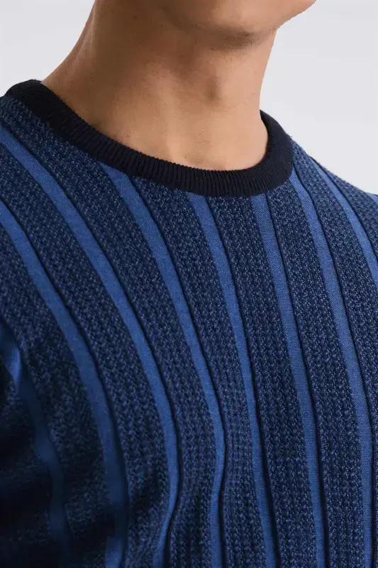 Navy / Indigo Slim Fit Crewneck Striped Knit Sweater - 3