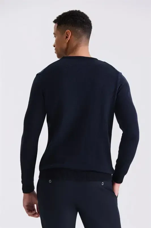 Navy / Indigo Slim Fit Crewneck Striped Knit Sweater - 4