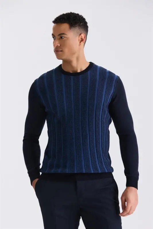 Navy / Indigo Slim Fit Crewneck Striped Knit Sweater - 1