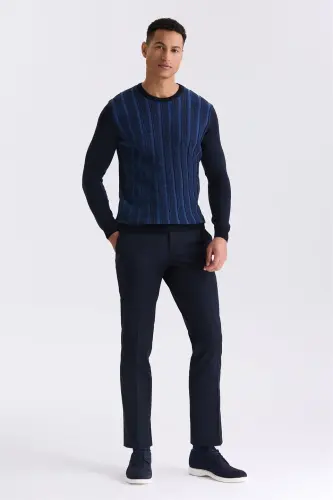 Navy / Indigo Slim Fit Crewneck Striped Knit Sweater - JAKAMEN (1)
