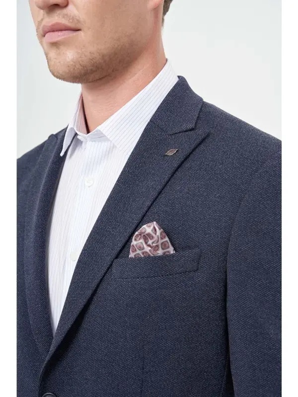 Navy Knitted Sword Collar 6 Drop Slim Fit Jacket 1002245156-Navy - 4