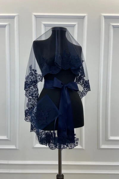 Navy Lace Bridal Veil Gloves Sash Complete Set - ZEYMERADE