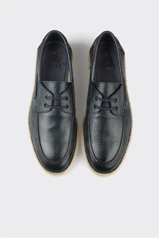 Navy Leather Men's Casual Shoes-Navy - 2