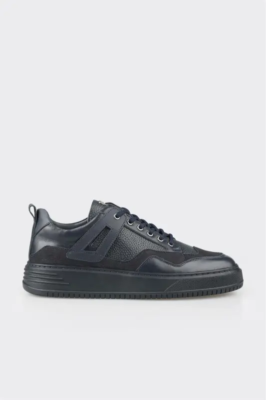 Navy Leather Men's Sneakers - 1