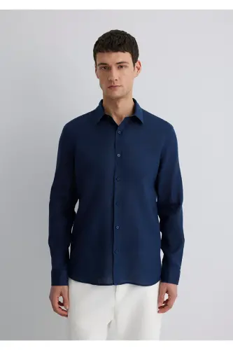 Navy Linen Shirt Slim Fit - 3