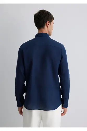 Navy Linen Shirt Slim Fit - 4