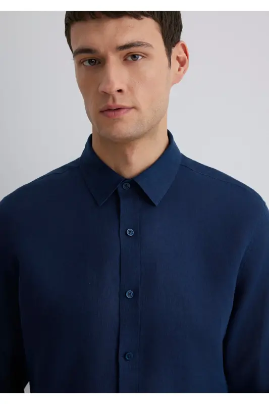 Navy Linen Shirt Slim Fit - 5
