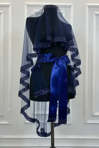 Navy Orchid Bridal Veil Set, Henna Veil Set with Water Stone 6 Pieces-Navy - 1