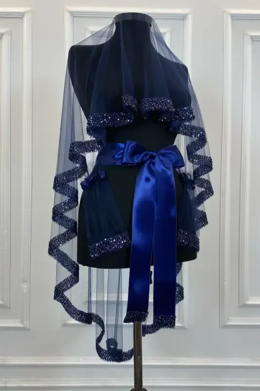 Navy Orchid Bridal Veil Set, Henna Veil Set with Water Stone 6 Pieces-Navy - 1