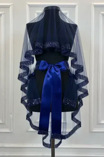 Navy Orchid Bridal Veil Set, Henna Veil Set with Water Stone 6 Pieces-Navy - ZEYMERADE (1)