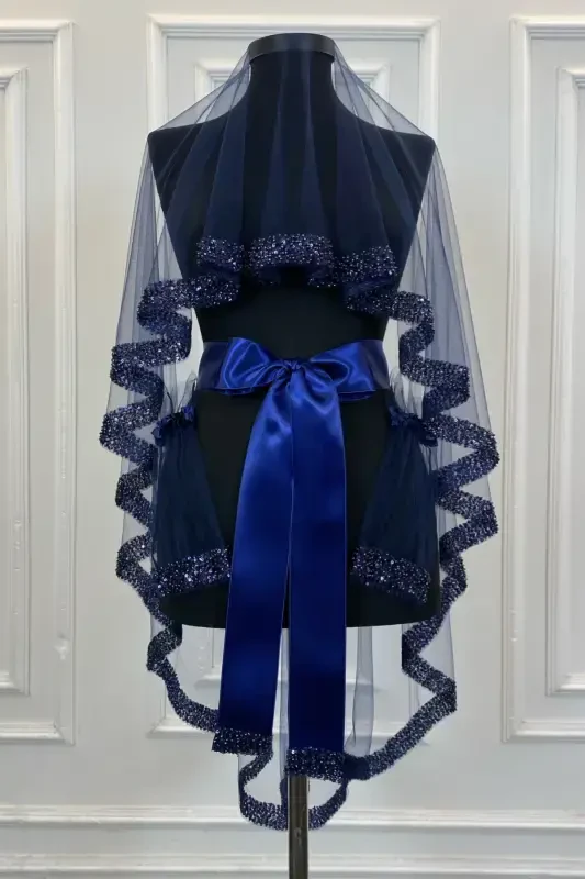 Navy Orchid Bridal Veil Set, Henna Veil Set with Water Stone 6 Pieces-Navy - 2